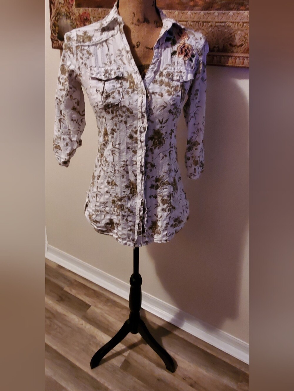 F.A.N.G. S Floral Button Down Shirt White Brown Embroidered Roses Cotton Prairie